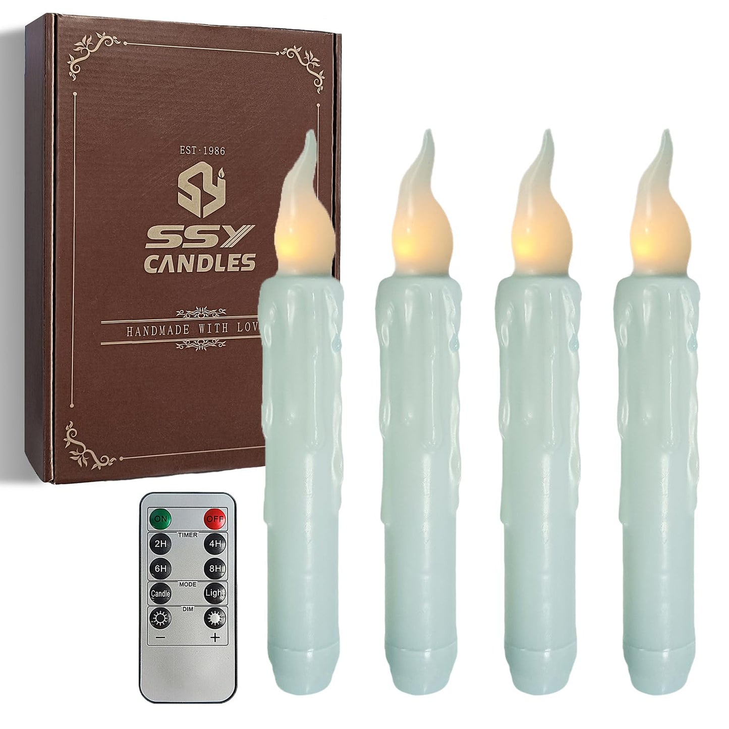FCMSHAMD Blue Flameless Short Taper Candles, Real Wax Hand Dipped LED Battery Operated with Remote, Flickering Flame Lights for Festival Party Home Décor, 6.7 Inch Primitive Flameless Candles, 4PCS