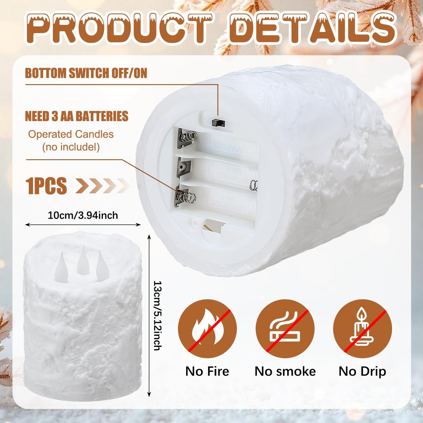 Baquler Large Flameless LED Battery Operated Pillar Candle - 3 Wick 5"x4" Snowy Frosted White Flameless Christmas Fake Candle for Xmas Table Centerpiece Holiday Rustic Indoor Home Decor