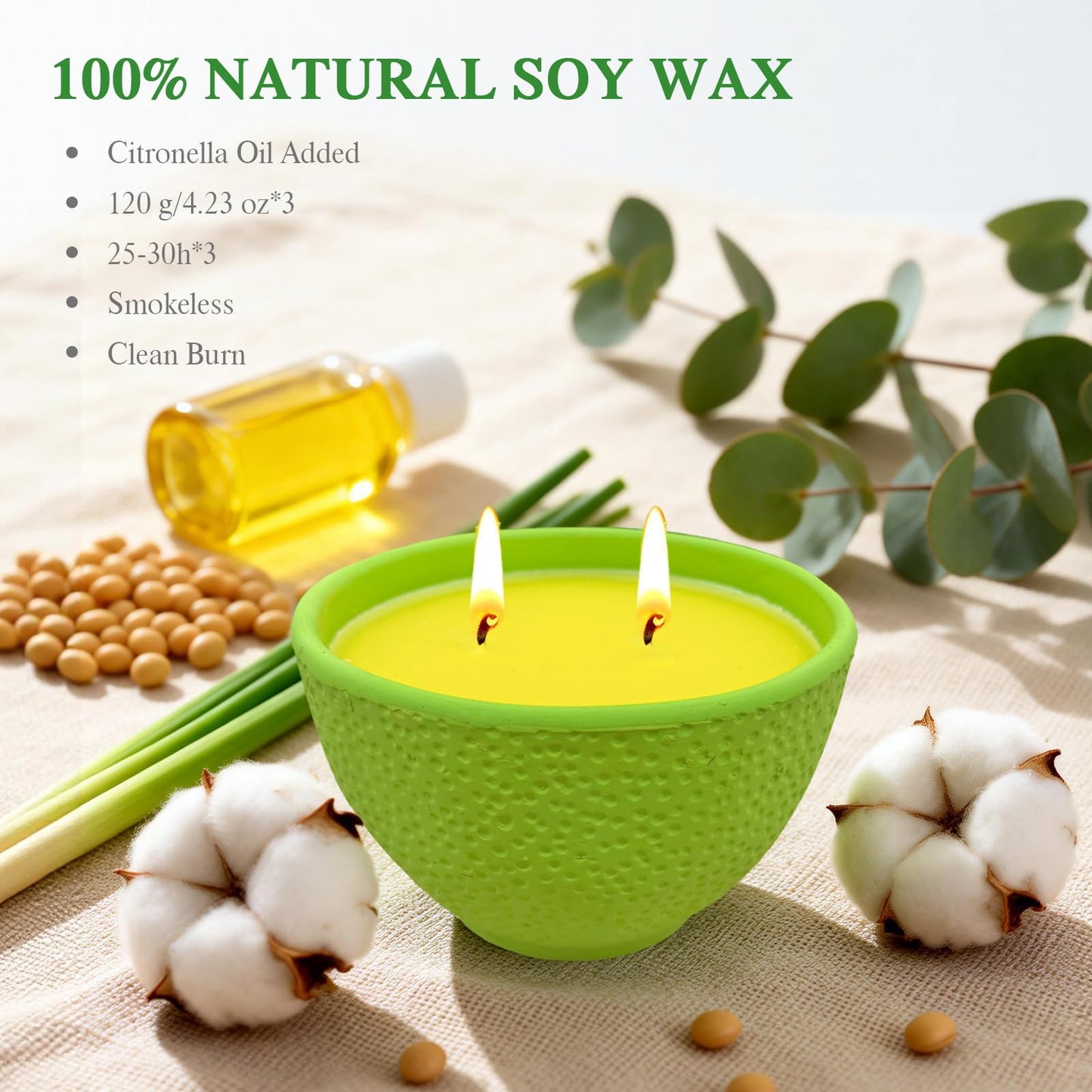 Citronella Candles, 90 Hours Long Lasting Citronella Scented Candle for Patio, Garden, Backyard, Terrace, Deck, Balcony, Porch, 2-Wick Natural Soy Wax Candles 3 Packs for Camping, BBQ, Party, Picnic