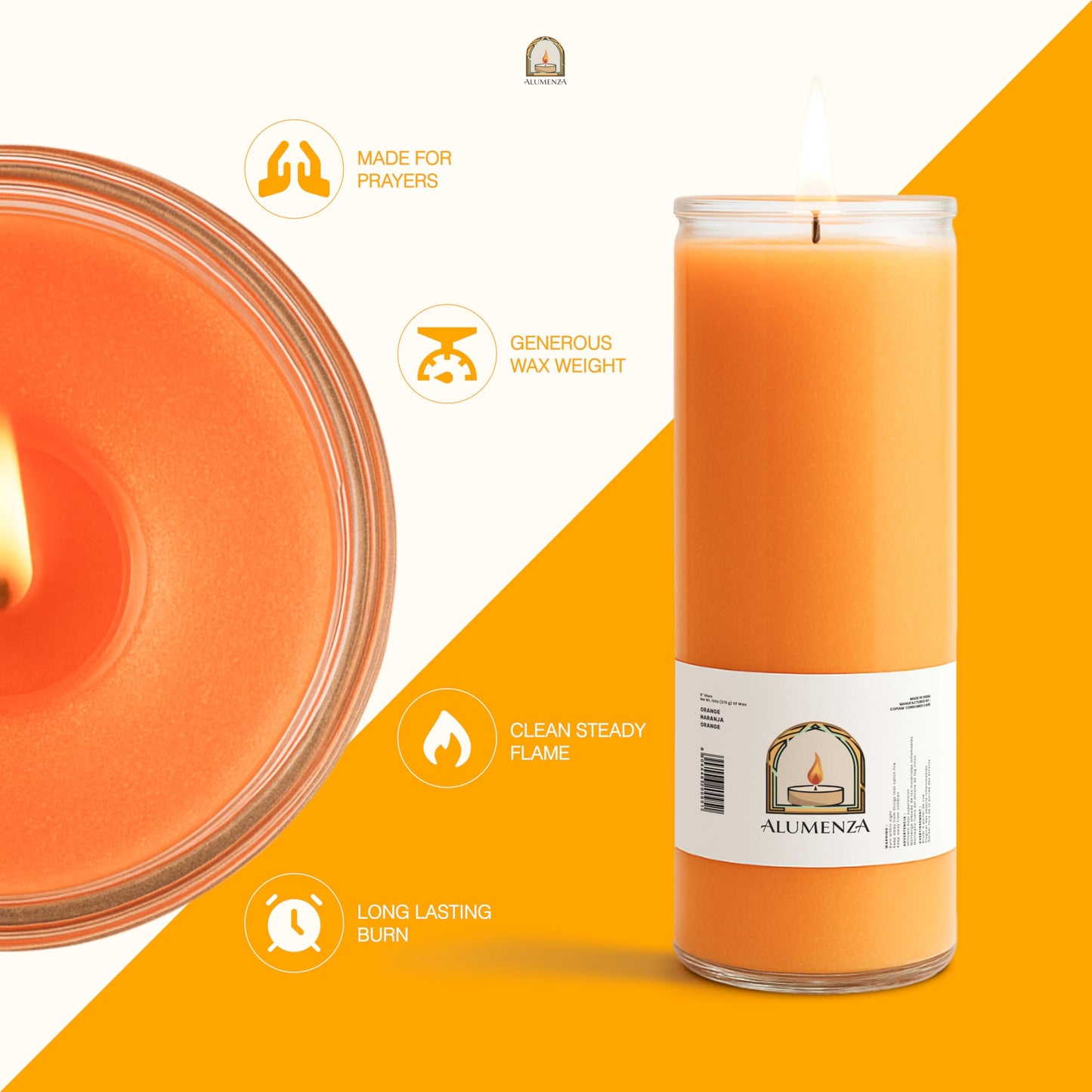 Alumenza Bulk 6 Pack Orange 7 Day Candles in Glass Jar – Paraffin Wax, Clean Burning Unscented | Large & Tall Devotional Prayer Pillar Candles for Home, Memorial, Spells, Long Lasting