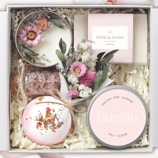 Birthday Gifts for Women – Orchid & Jasmine Spa Gift Basket, Luxury Candle Set & Bath Sets Self Care Box, Gift for Mom, Wife or Friend