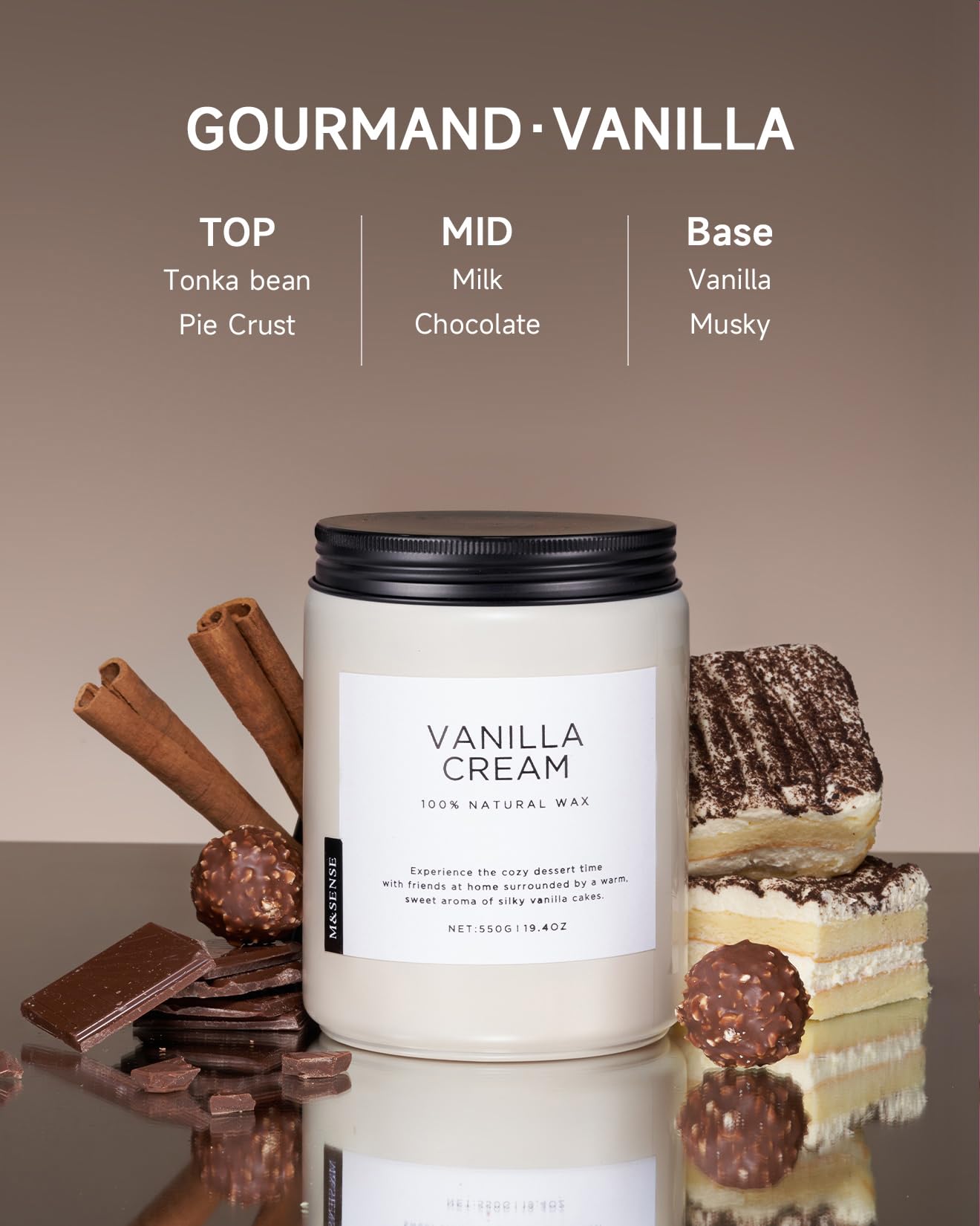 M&SENSE Large Vanilla Scented Candles for Home, 19.4oz Organic Soy Wax, 110-Hour Long Lasting Burning, Natural Candles Non Toxic, Cozy Smelling for Stress Relief, Housewarming Gift for Family