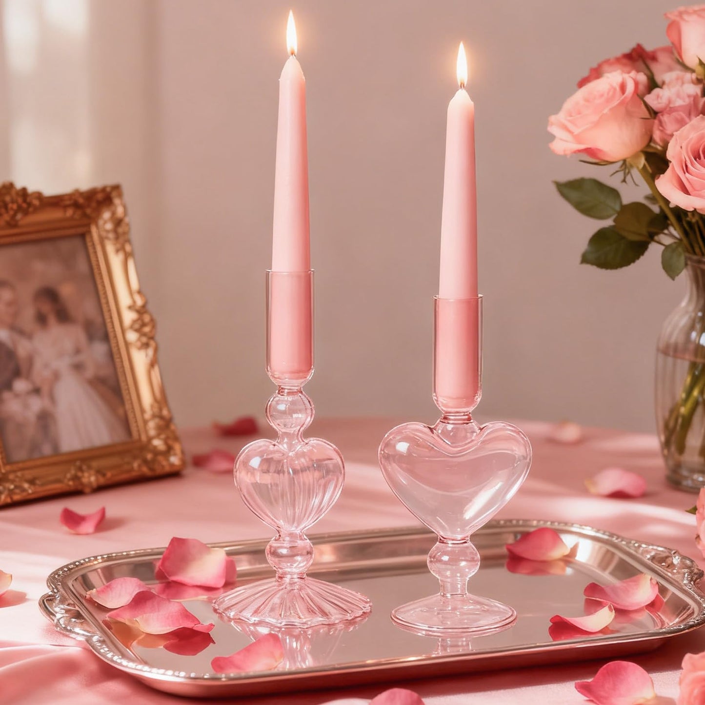 WDS WONDROUS Glass Candle Holders Set of 2 – Pink Heart Taper Candle Holders for Valentine's Day, Candlestick Holder Wedding Decorations, Farmhouse Home Coffee Table Decor & Housewarming Gifts