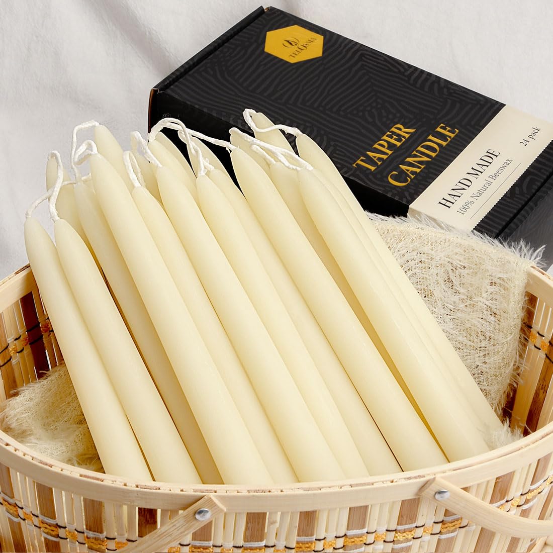 24 Pack Natural Beeswax Taper Candles in Bulk 10 inch Tall - Dripless Candle 100% Pure Unscented Beeswax, 8 Hours Long Burning Time - Off White