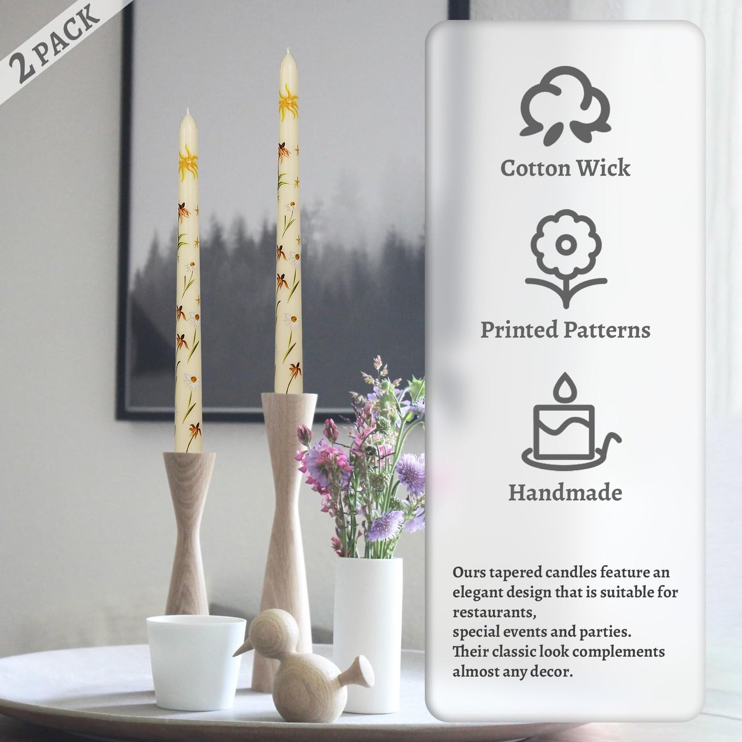 Floral Taper Candles 10 Inch Tall Unscented Handmade Beige Renanthera Coccinea Print Long Burning Elegant Candlesticks for Wedding Dinner Home Decor