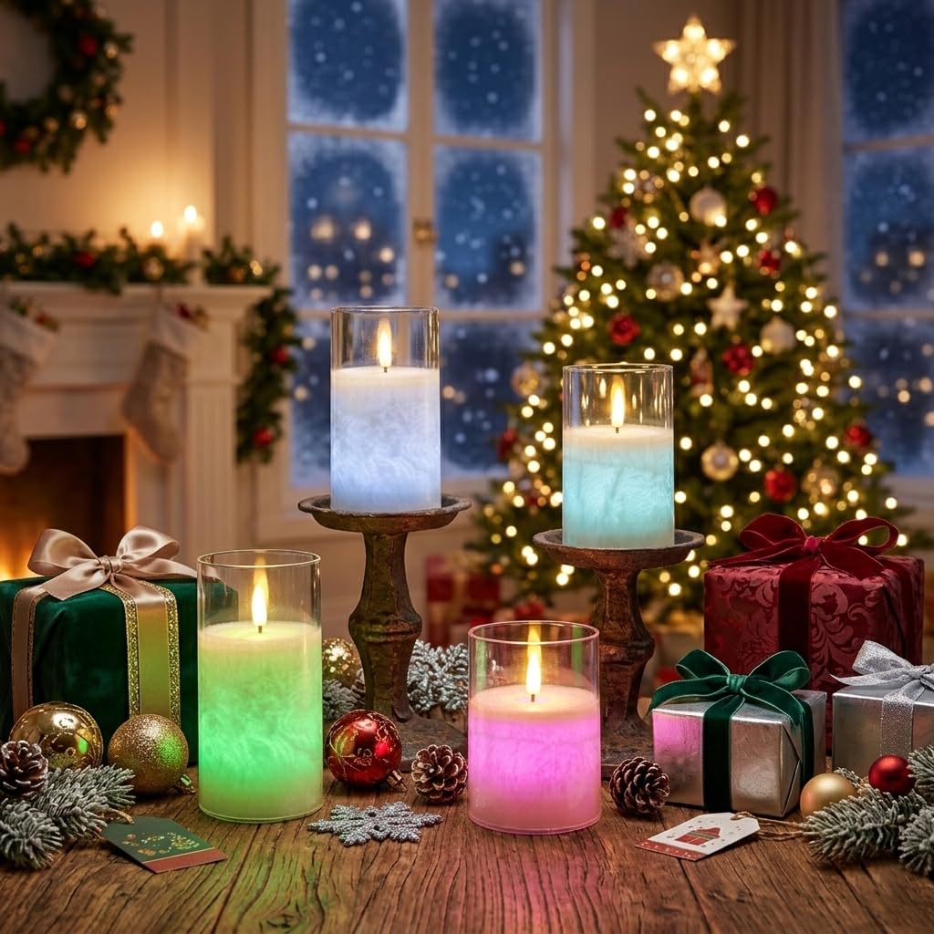 NICEME 3PCS LED Multi Colored Flameless Candles Acrylic Pillar Battery Operated Flickering Flame Color Changing Candles with Remote Control Real Wax Electric Fake Candles Ice Crystal, D3” x H4” 5" 6"