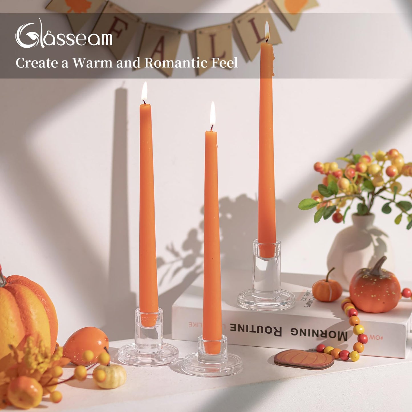 Glasseam Glass Taper Candle Holders: Set of 3 Tapered Candlestick Holders Small Clear Candle Sticks Holder Decor for Table Centerpiece Wedding Dining Room Home Decorations