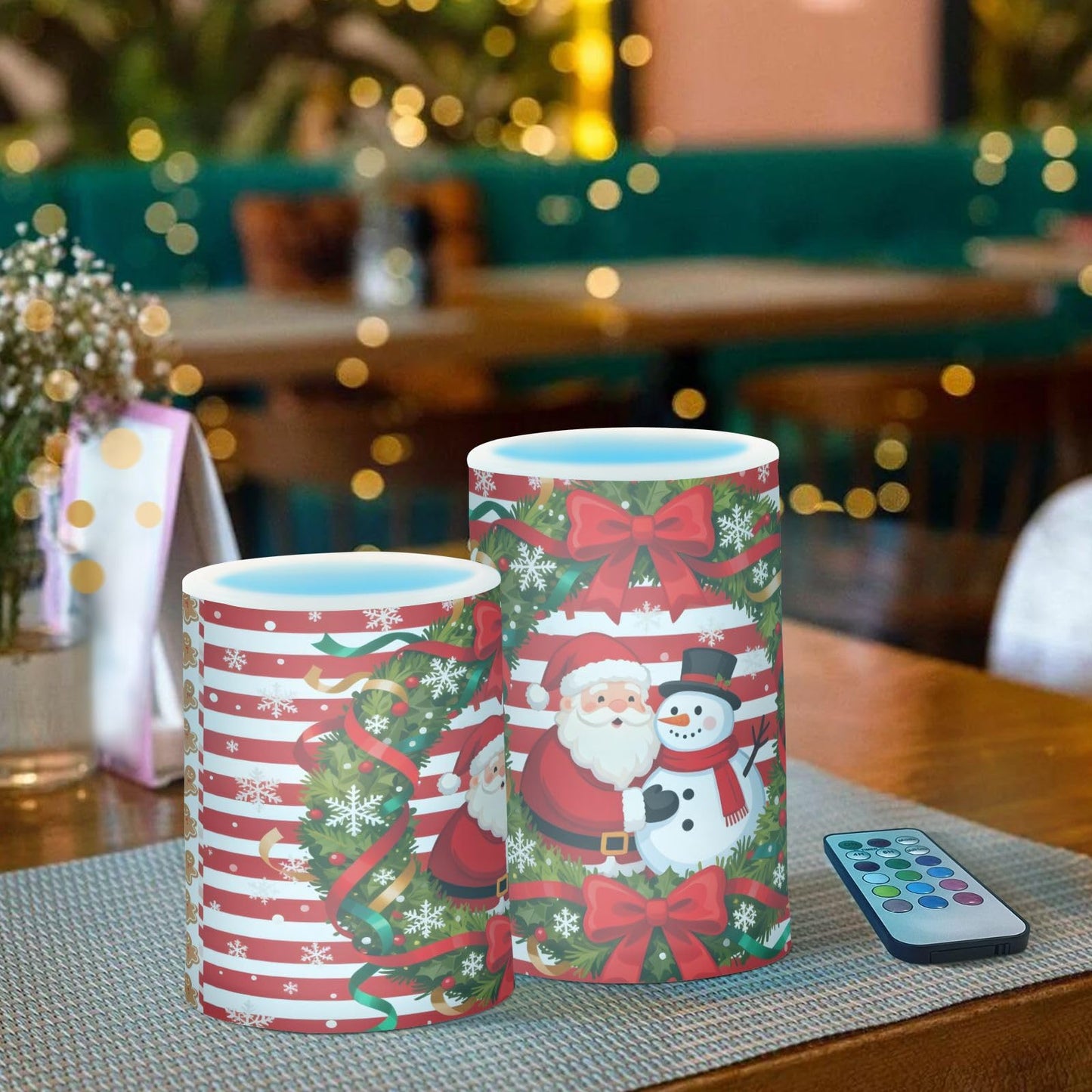 Flickering Flameless Candles, Christmas Santa Snowman Bow Wreath LED Candles with Remote Timer, Set of 2 Battery Operated Candle for Valentine Wedding Birthday