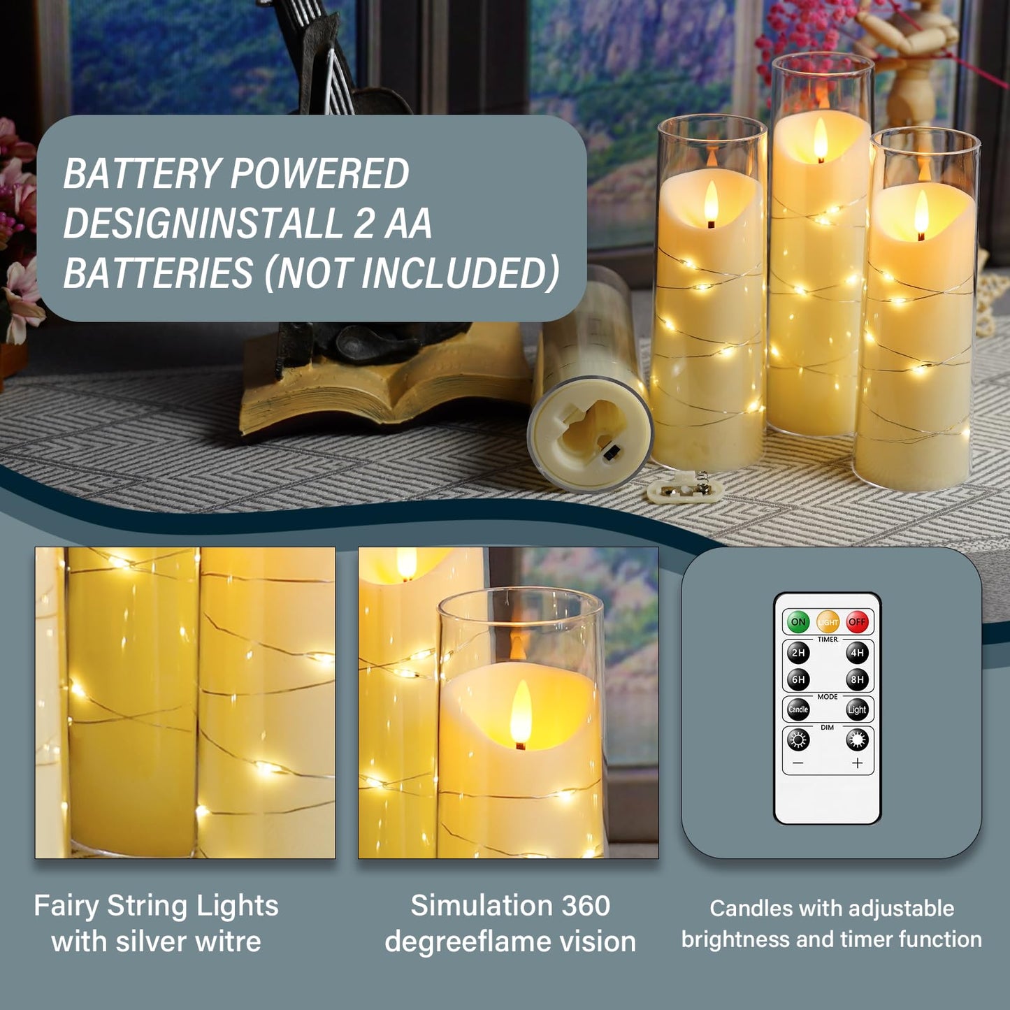 Eebuss Flameless Candles with Embedded Star String, Battery Operated LED Pillar Candles with Timer and Remote Control,Home Decorating for Ambiance， Set of 9 (Ivory)