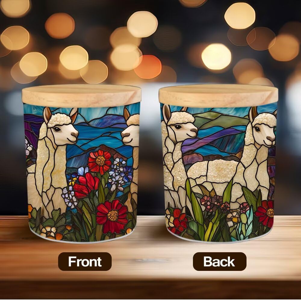 Stained Glass Alpaca Tea Light Candle Holders, Country Wilflowers Tealight Candle Holder Jar with Wooden Lid, Votive Candlesticks for Table Centerpieces, Christmas,Birthday Party,Home Decor