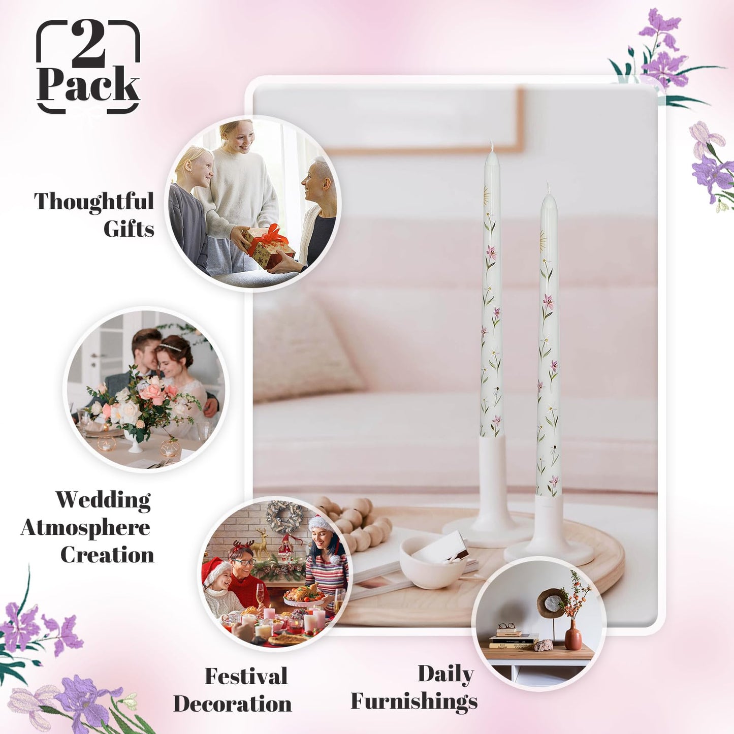 Taper Candles 10 Inch Print Candle Handmade Unscented White Iris Long Candles 2 Pack Twisted Candlesticks for Wedding Home Decoration Gifts