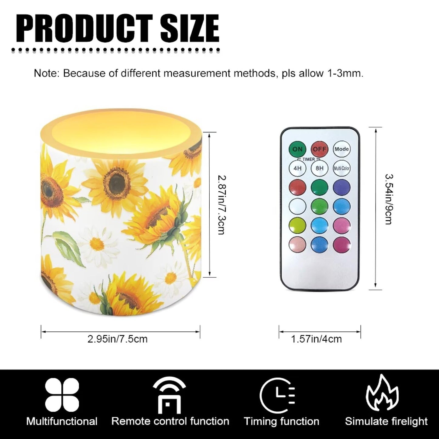 NETILGEN 3 inch Flickering Color Changing LED Candles Set of 4 Flameless Eletric Pillar Candles with Remote Timer Control Home Party Decor Yellow Sunflower Print