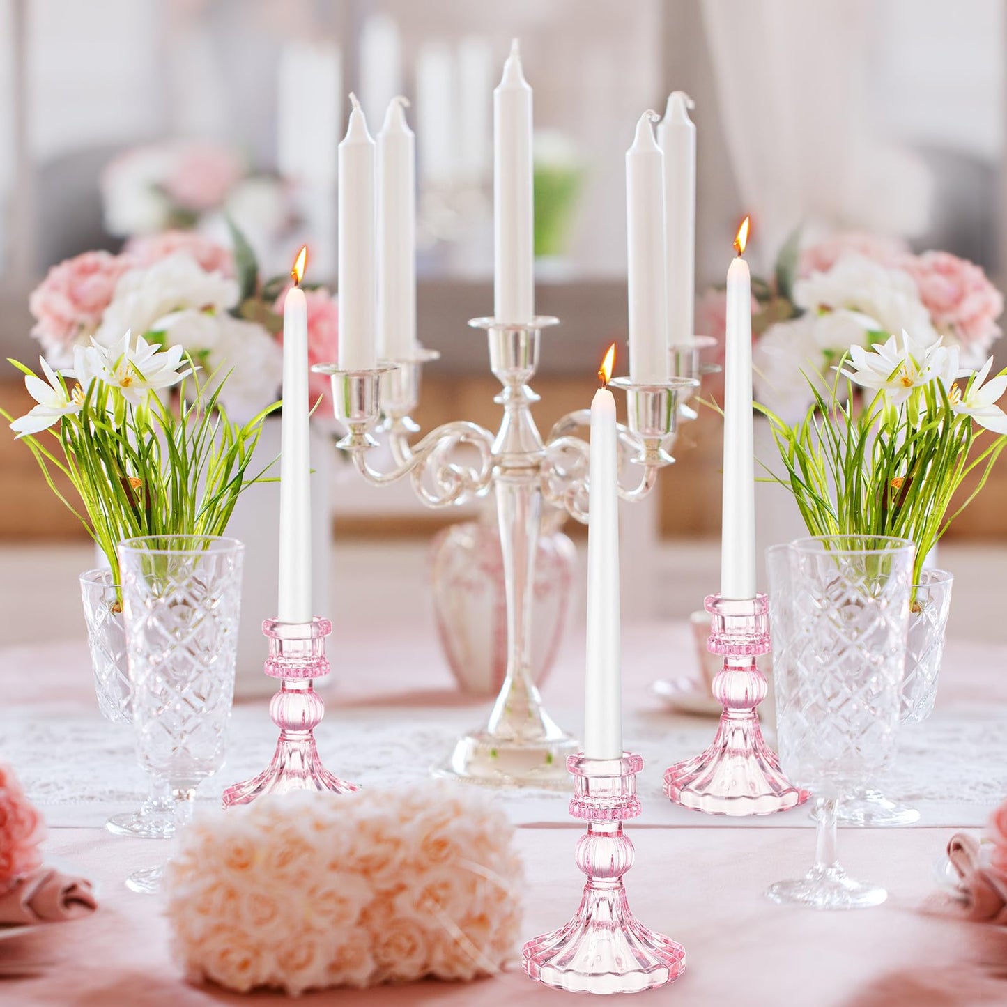 Maxcheck Set of 6 Candlestick Holders Taper Glass Candle Holder Decorative Candle Stand for Wedding Party Table Centerpiece Anniversary Festival Home Decor(Pink)