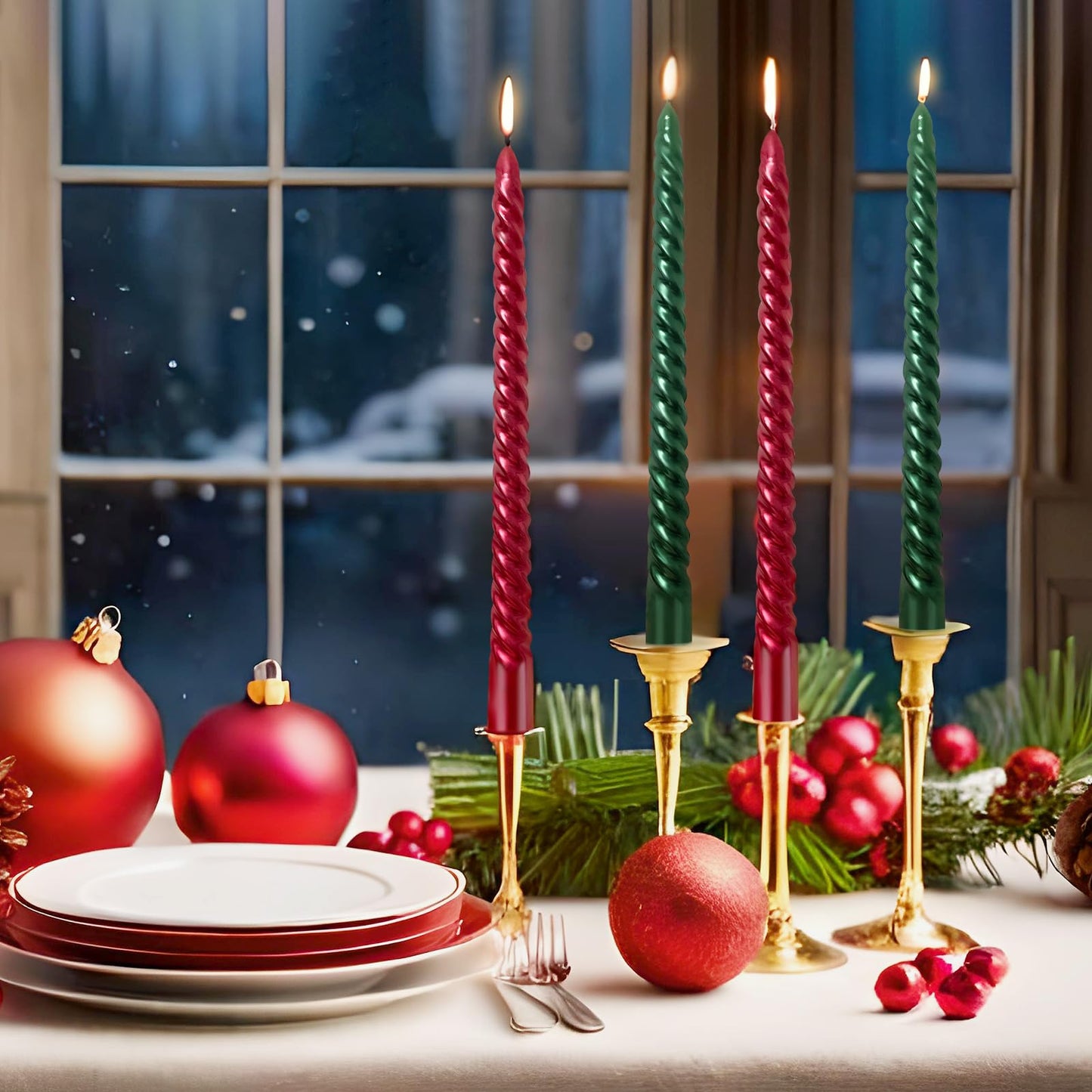 10 Inch Spiral Taper Candles Set for Christmas, 6 Green and 6 Burgundy Unscented Twisted Candlesticks, Dripelss Thin Tapered Candles for Holiday Party Decorations