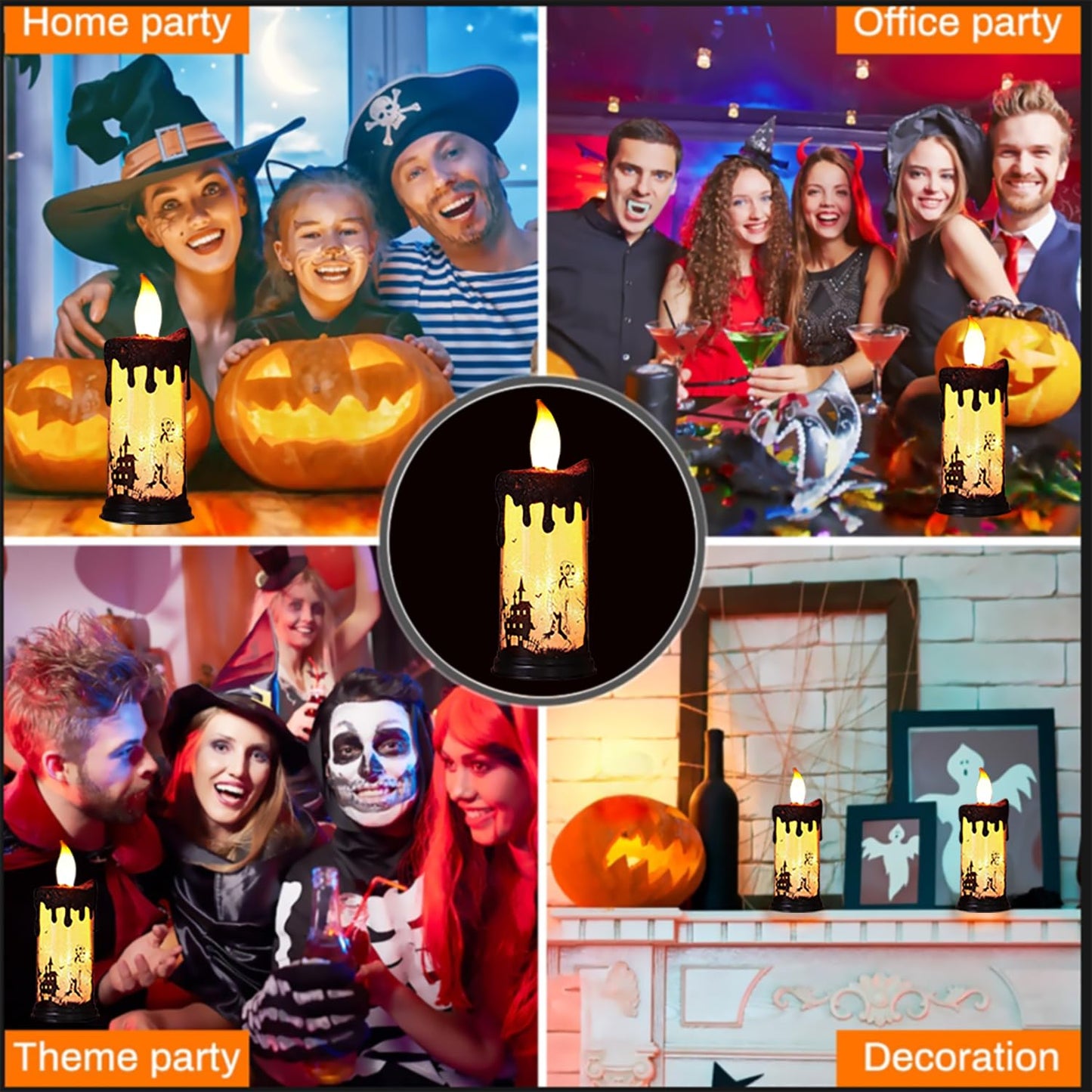 SWEETIME Halloween Snow Globe Candles,Black LED Flameless Battery Operated Pillar Candle,Sparkly Glitter 3D Fire Wick Flickering Flame,Fake Crystal Ghost Decor for Halloween Celebration Party