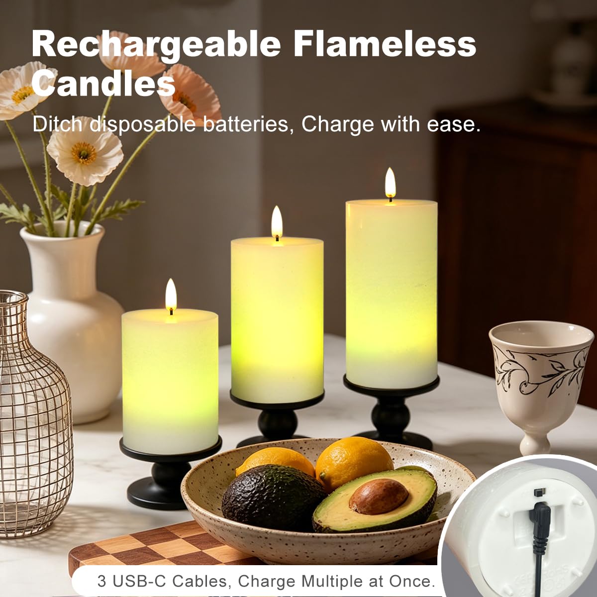 LEDHOLYT Rechargeable Flameless Candles, RGB Color Changing Realistic Flickering Flameless Candles with Remote & Timer, Set of 3