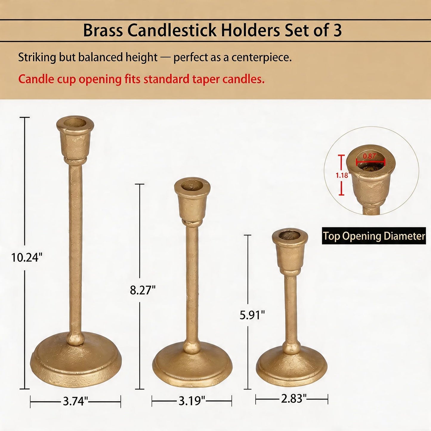 Wenbery Gold Taper Candle Holders Set of 3, Heavy Cast Iron Candlesticks with Antique Brass Finish, Sturdy Candle Sticks for Dining Table, Wedding, Fireplace, Home Decor