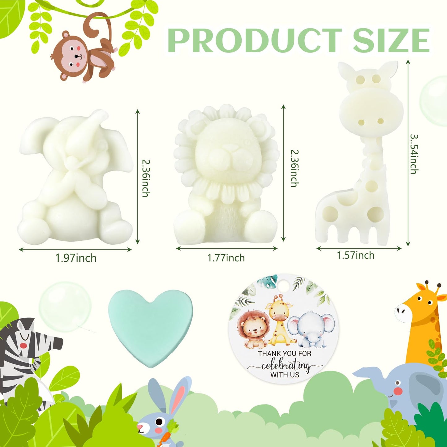 Demissle 20 Sets Safari Animal Baby Shower Soaps Favors for Guests Jungle Greeting Card Bath Gift for Birthday (Green)