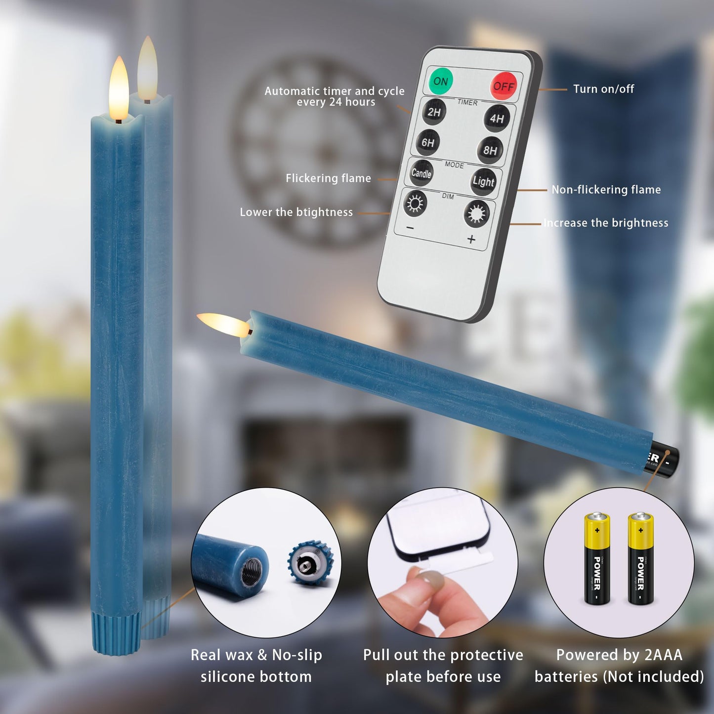 AFINETH Blue Flameless Taper Candles with Rmote, 9.6" Real Wax Battery Operated Candles with 3D Wick, 3 Pack Led Candlesticks Flickering, Electric Candlesticks for Home, Wedding, Party Decor