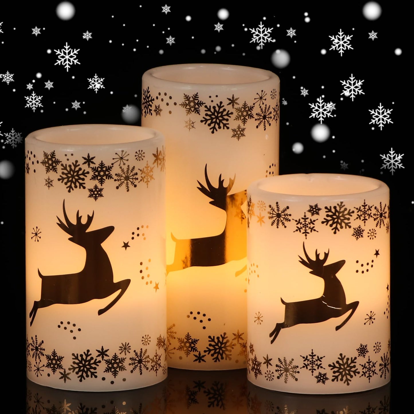 Lasumora Christmas Flameless Candles with 6H Timer, Real Wax LED Pillar Candles Flickering, Snowflake Golden Reindeer 3D Wick Candles for Home Décor Christmas Gifts, 3x4/5/6 inches