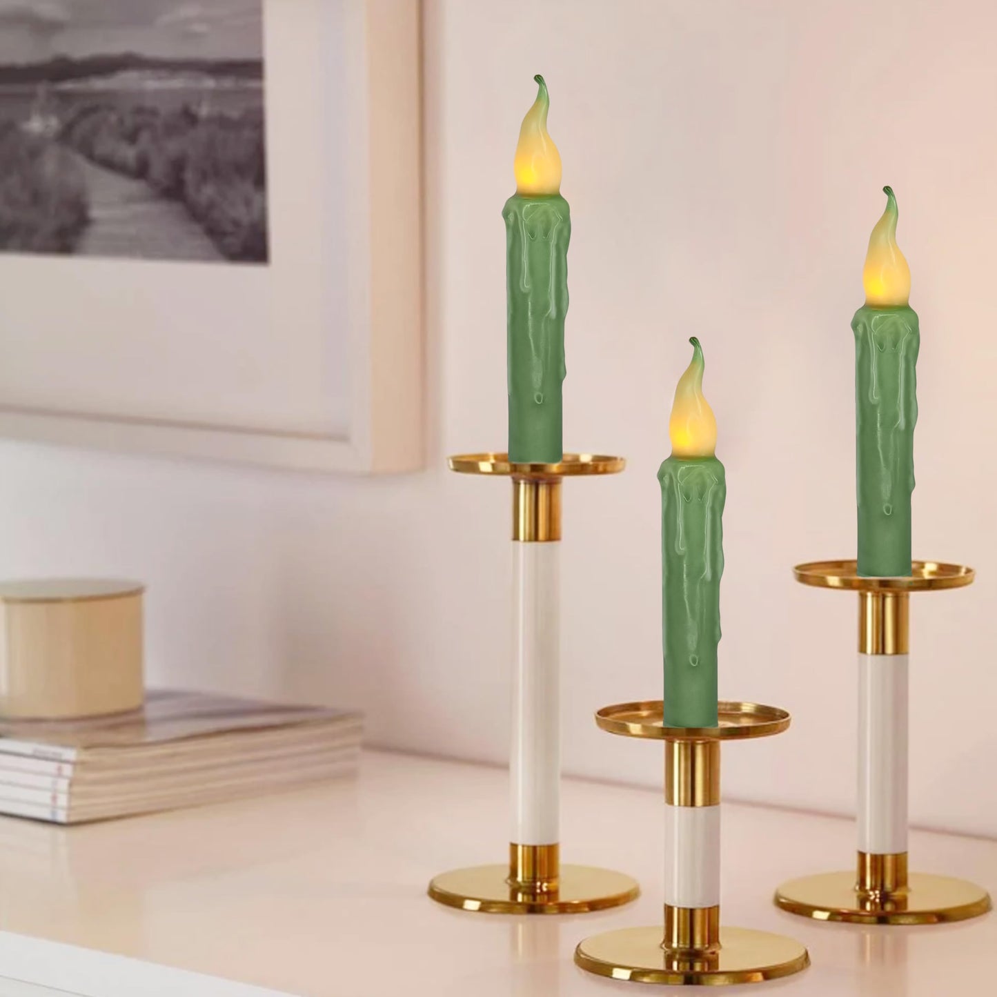 Sage Green Flameless Short Taper Candles, Real Wax Hand Dipped LED Battery Operated with Remote, Flickering Flame Lights for Festival Party Home Décor, 6.7 Inch Primitive Flameless Candles, 4PCS