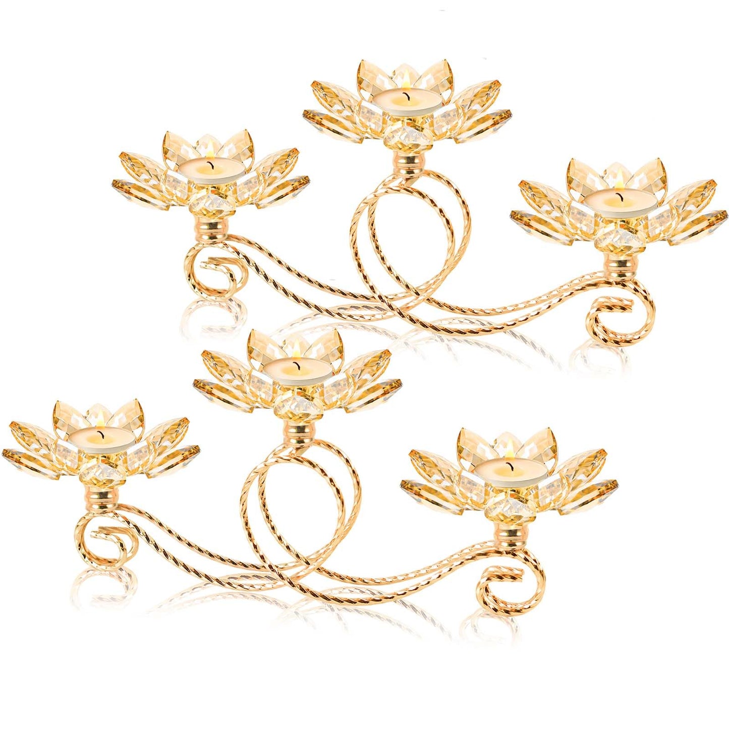 2Pcs Gold Kehail Crystal Metal Tea Light Candle Holder Set, 3-Arm Flower Shaped Crystal Votive Candlestick Holders for Table Centerpiece, Wedding Shower, Party and Home Decor