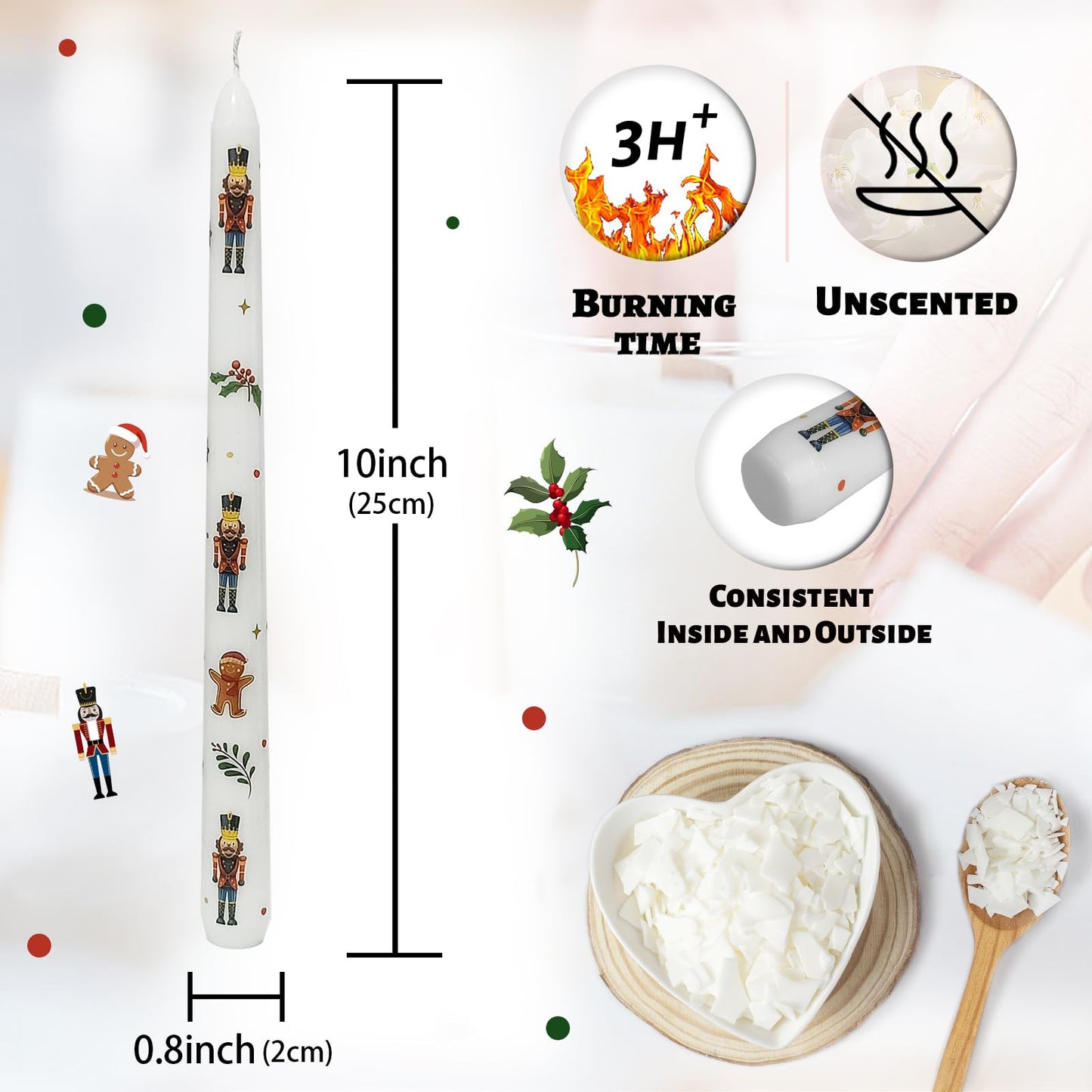 Floral Taper Candles 10 Inch Tall Unscented Handmade Gingerbread Man Print Long Burning Elegant Candlesticks for Christmas Decor Gifts