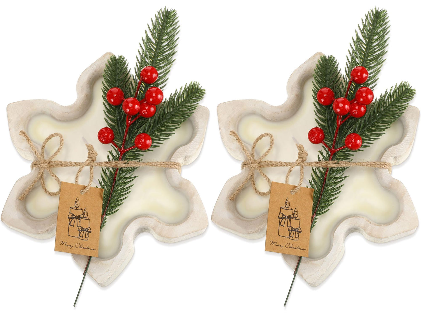 MTLEE 2 Pack Christmas Wood Dough Bowl Candle Snowflake Wooden Candle Bowl 3 Wick Xmas Farmhouse Decoration with Berries Pine Label for Christmas Table Centerpiece Birthday Gift Home Party Decor