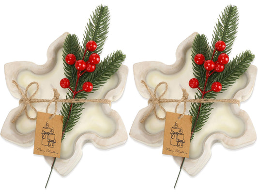 MTLEE 2 Pack Christmas Wood Dough Bowl Candle Snowflake Wooden Candle Bowl 3 Wick Xmas Farmhouse Decoration with Berries Pine Label for Christmas Table Centerpiece Birthday Gift Home Party Decor