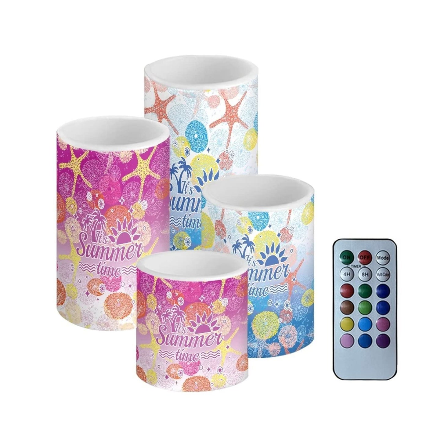 Cozeyat Summer Beach Design Set of 4 LED Votive Lights Multi Color,Changing Candles with Remote Controled,Battery Operated Flickering Real Pillar Tealights for Wedding,Home,Bathroom
