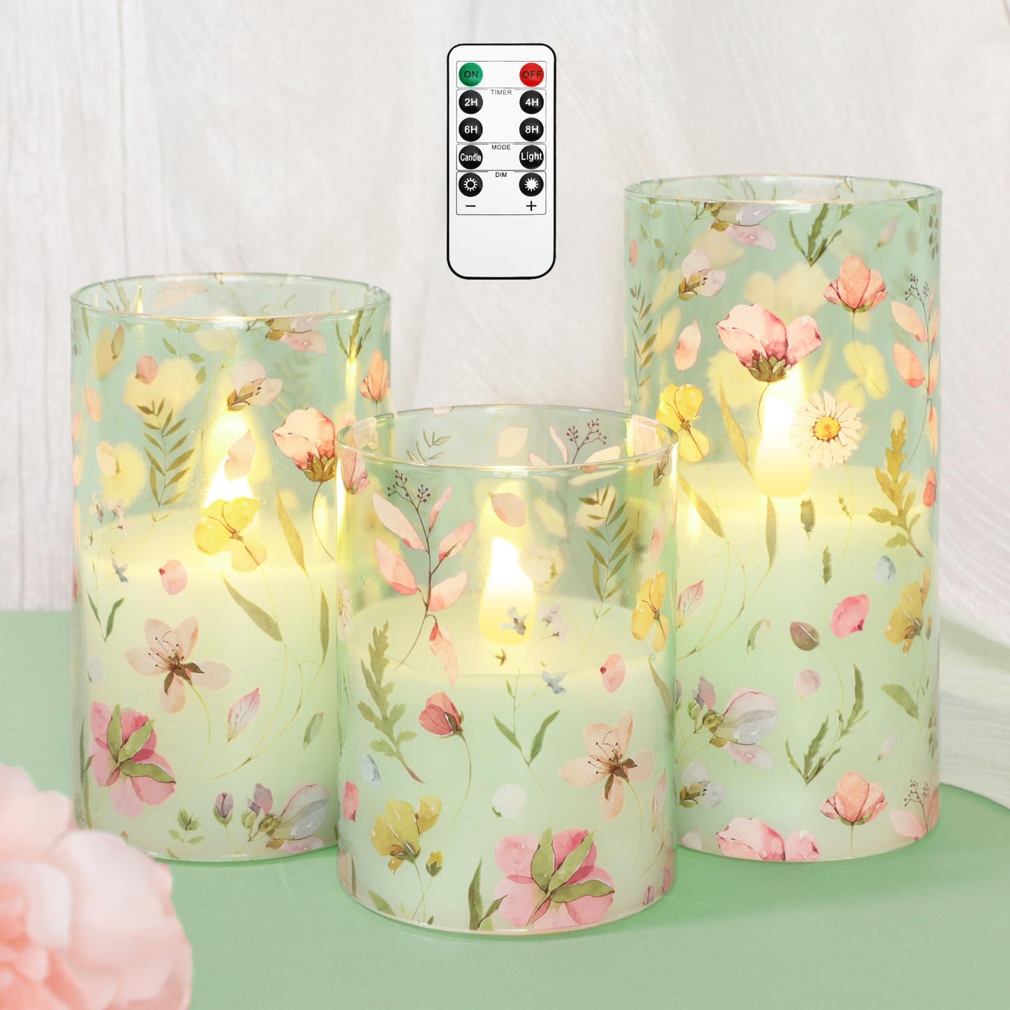 Silverstro Flameless Candles with Remote Timer, Glass Battery Operated LED Candles, Green Floral Design, Cylindrical Shape, Set of 3 for Home Party Wedding Decor
