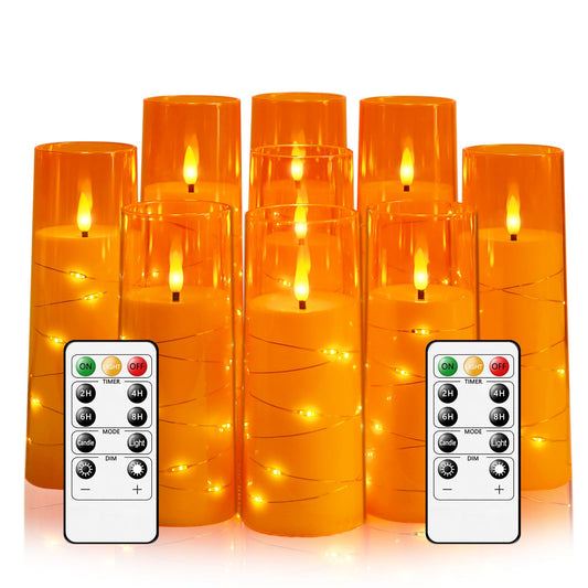 kakoya Flameless LED Candles with Timer 9 Pc Flickering Flameless Candles for Romantic Ambiance and Home Decoration Stable Acrylic Shell,with Embedded Star String，Battery Operated Candles（Orange）