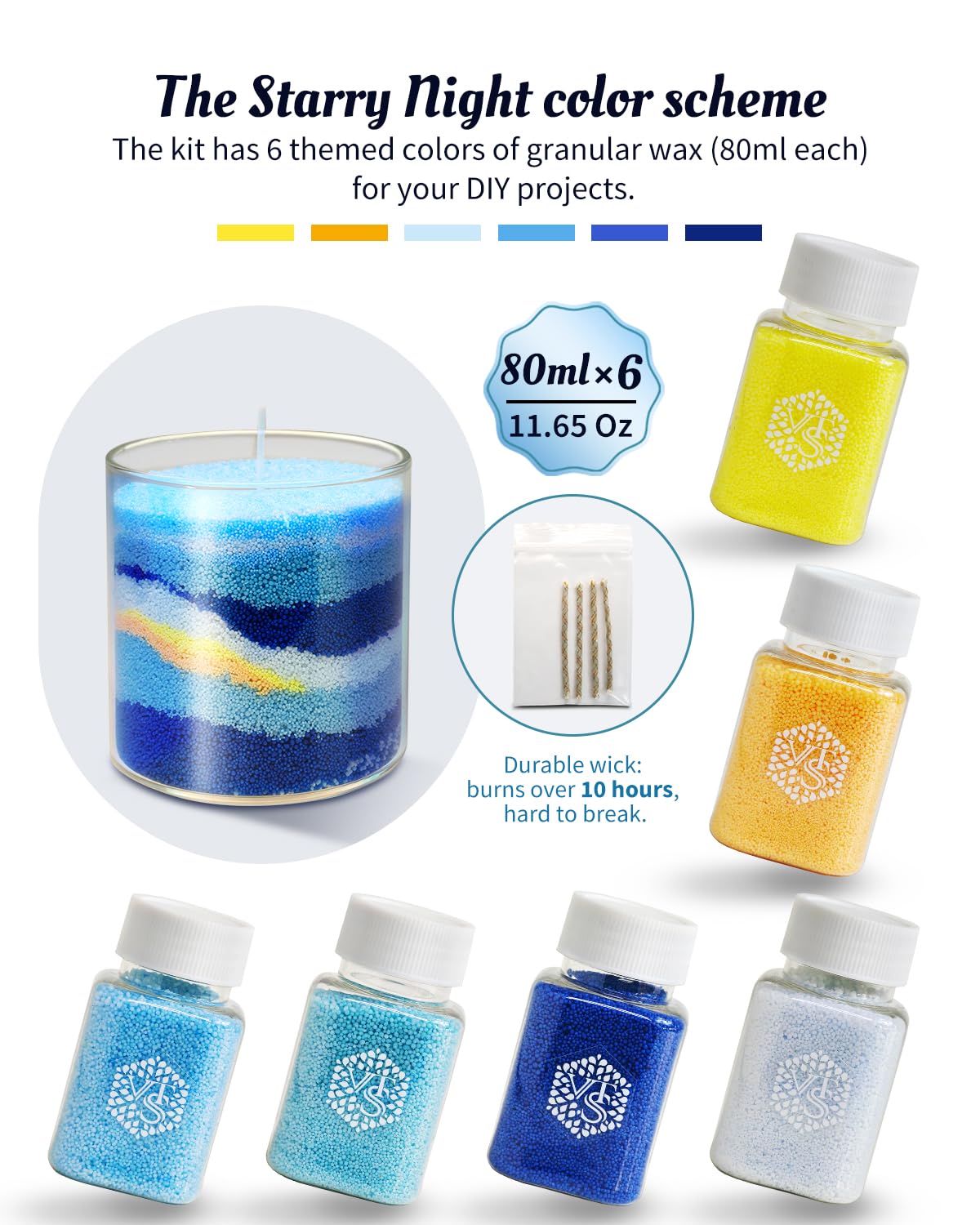 The Starry Night DIY Pearled Candle Sand Set - 11 Oz Sand Wax Beads (6 Colors), 2x10ml Scented Essential Oils, 4 Reusable Wicks, Glass Cup & Spoon, Home Decor & Handmade Gift & Craft Enthusiasts
