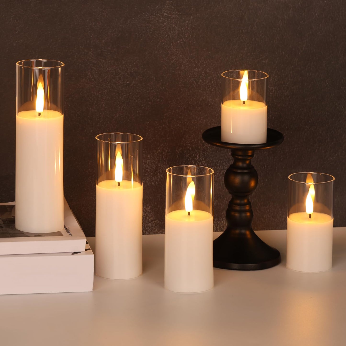 Girimax Clear Glass Flameless Candles with Remote Batteries, Flickering Slim LED Pillar Candles Set of 5