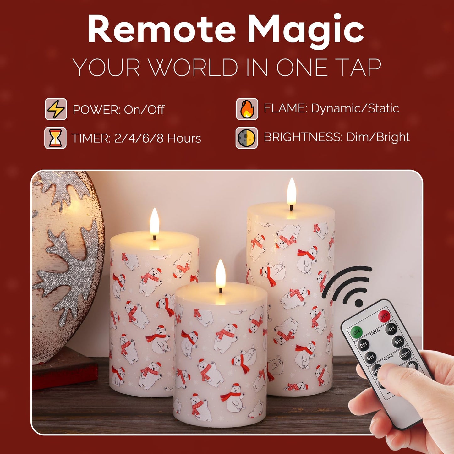 Eywamage Flameless Pillar Candles with Remote, Flickering Bear LED Candles Battery Operated Set of 3