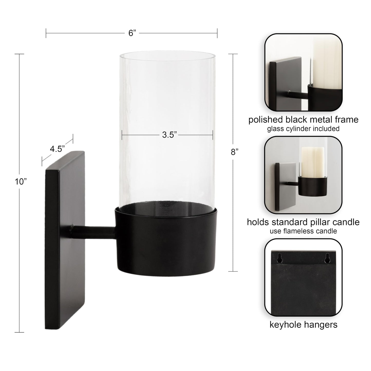 Kate and Laurel Zabler Modern Metal Wall Sconce; 5 x 6 x 10; Black; Round Candle Holder with Removable Glass Cylinder for Flameless Candle Display in Bedroom or Bathroom
