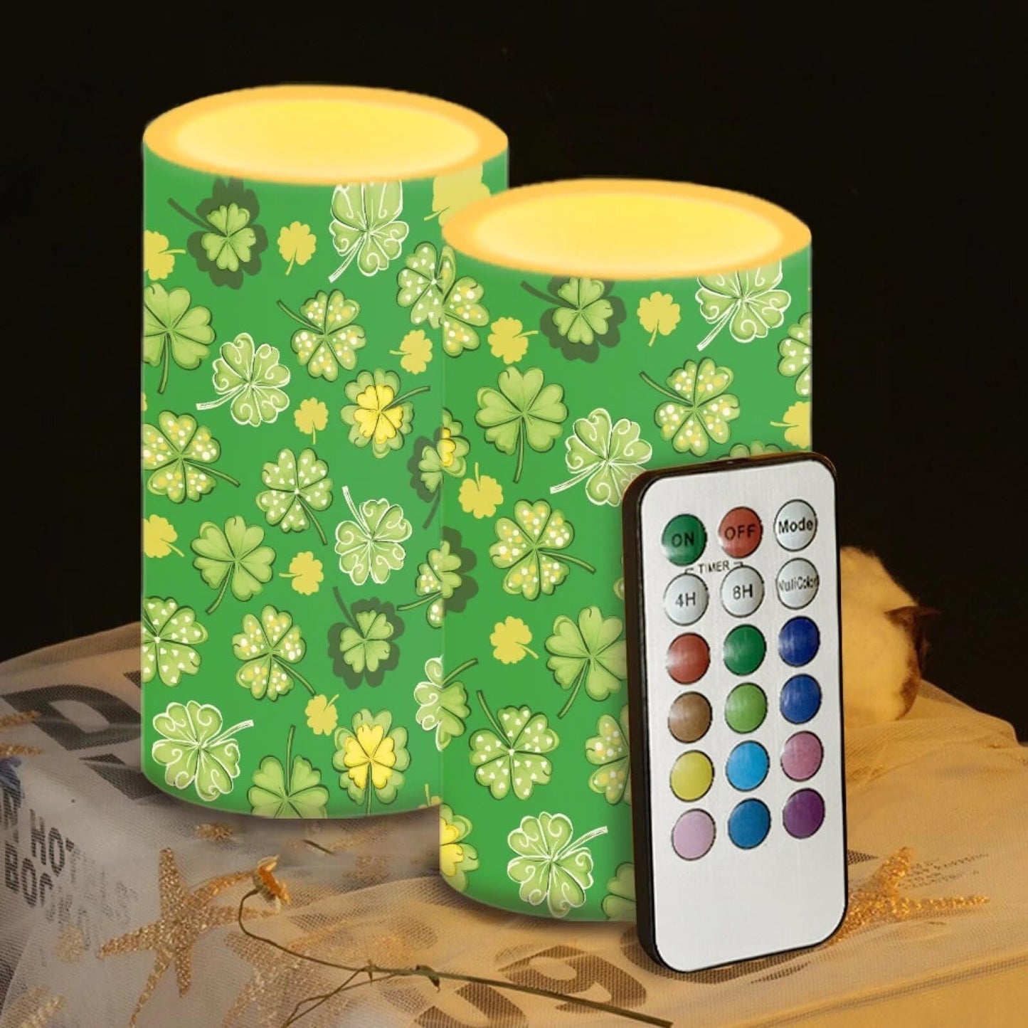 Luarisgur St Patricks Day Flameless Candles Green Leaves Candles Battery Operated with Moving Wick LED Pillar Candles 2 Pack 3 x 6 Inches for Home Decorations