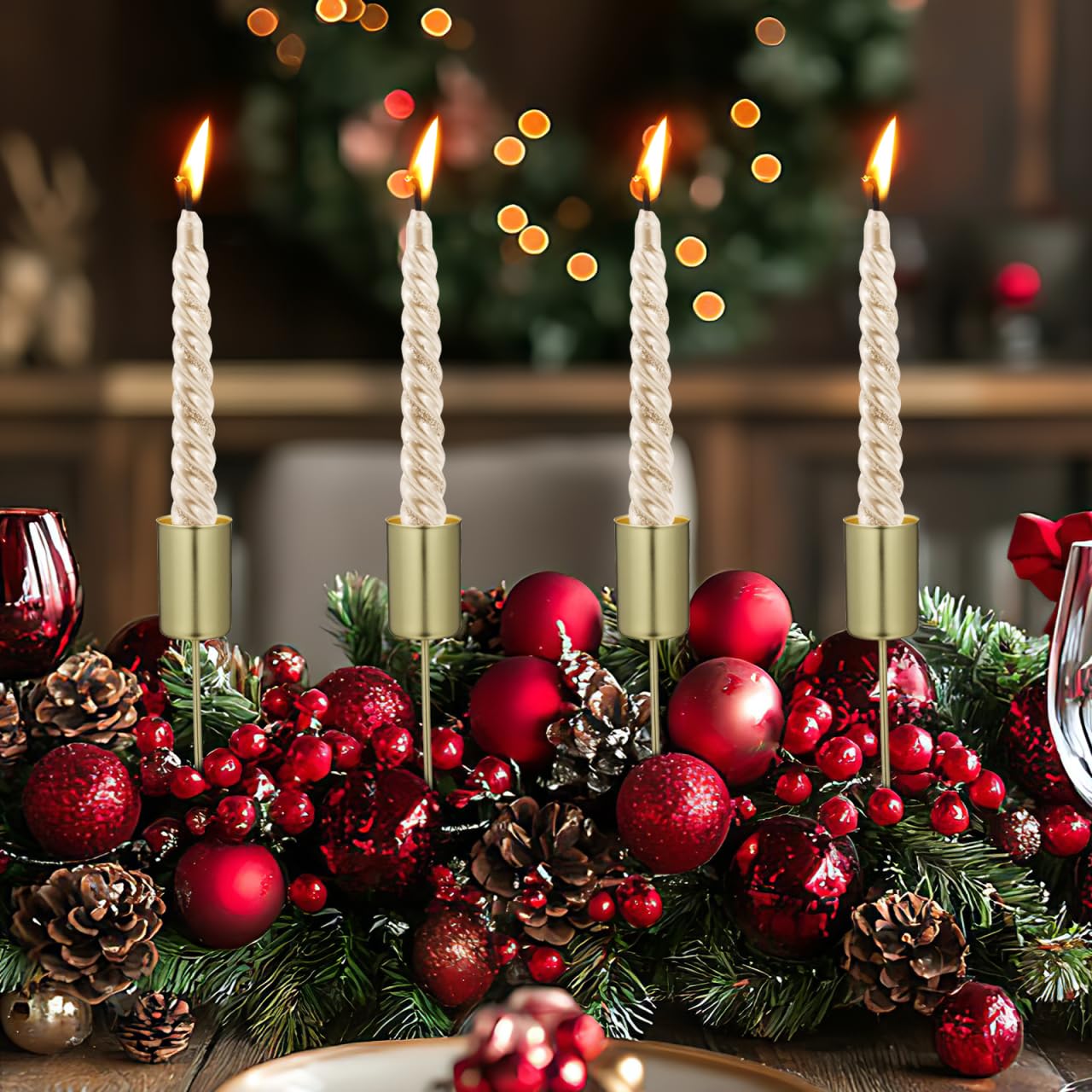 DECHOUS 5Pcs Christmas Taper Candle Holder Stakes Metal Golden Candlestick Holders with Spike Candle Cup Stakes for Xmas Table Decor Holiday Wedding Party Favor