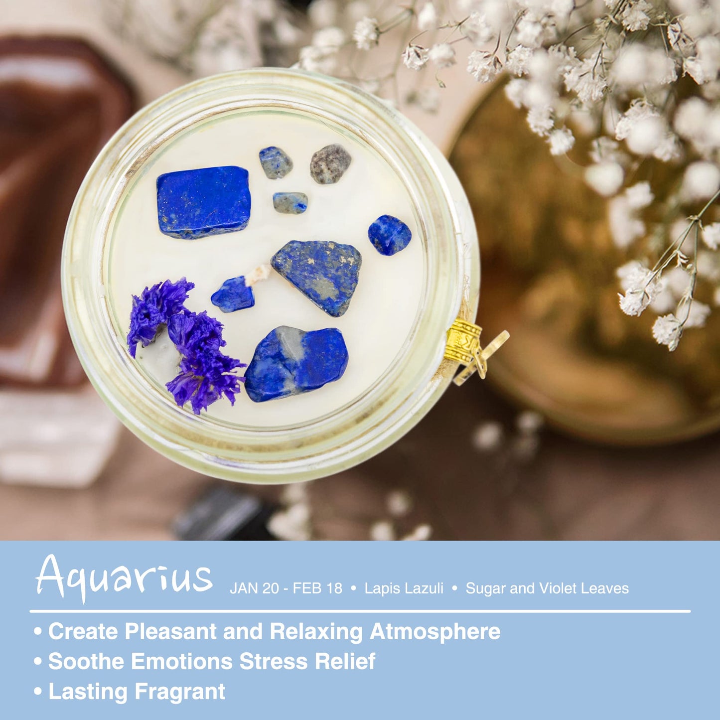 ZINCGE Aquarius Zodiac Crystal Candle Gift for Women - Astrology Birthday Natural Soy Violets Scented Candle With Flowers and Lazurite Healing Crystals for Mom, Sister, Friends