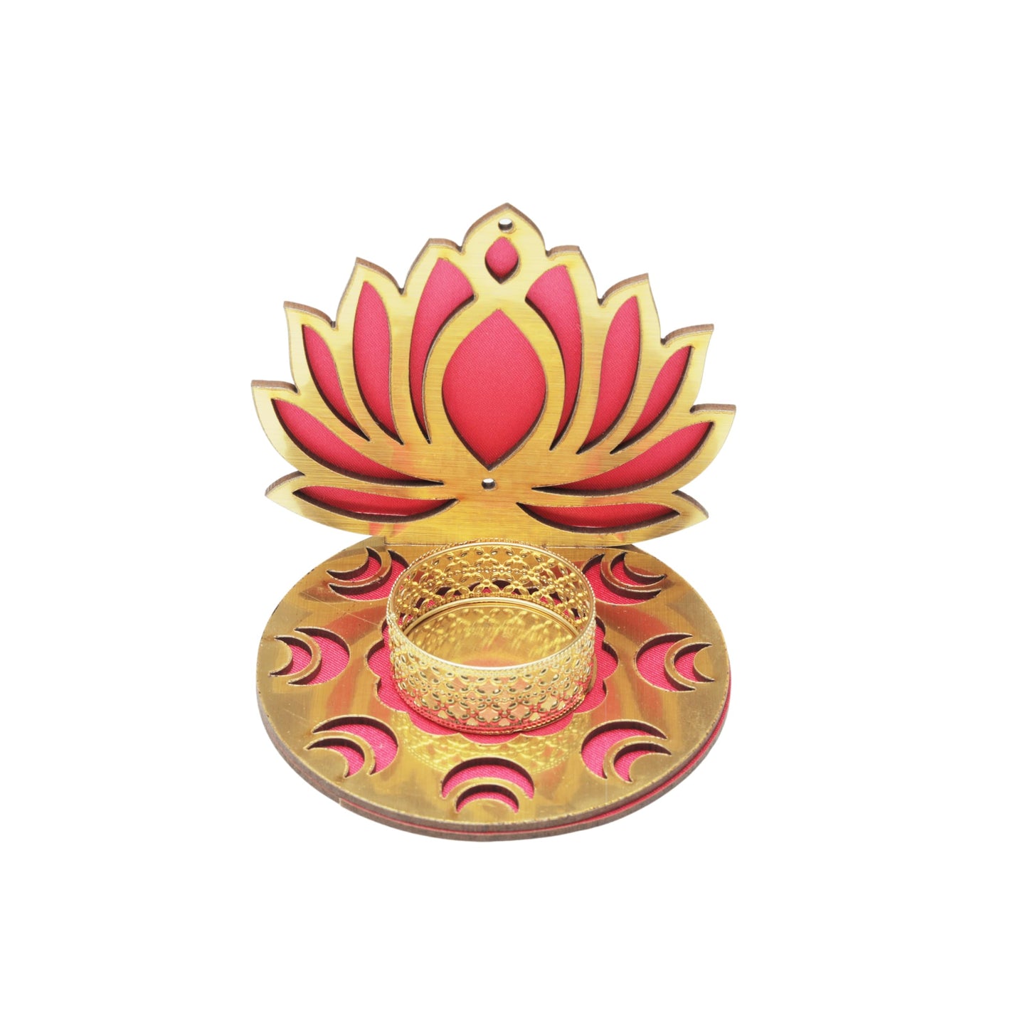Set of 2 Decorative MDF Wooden Pink Golden Lotus T Light Holder Candle Stand Tealight Holder Indian Traditional Festival Diwali Decorations Lighting Accessories (Without Wax)(Size:-4" Inches) (Pink-1)