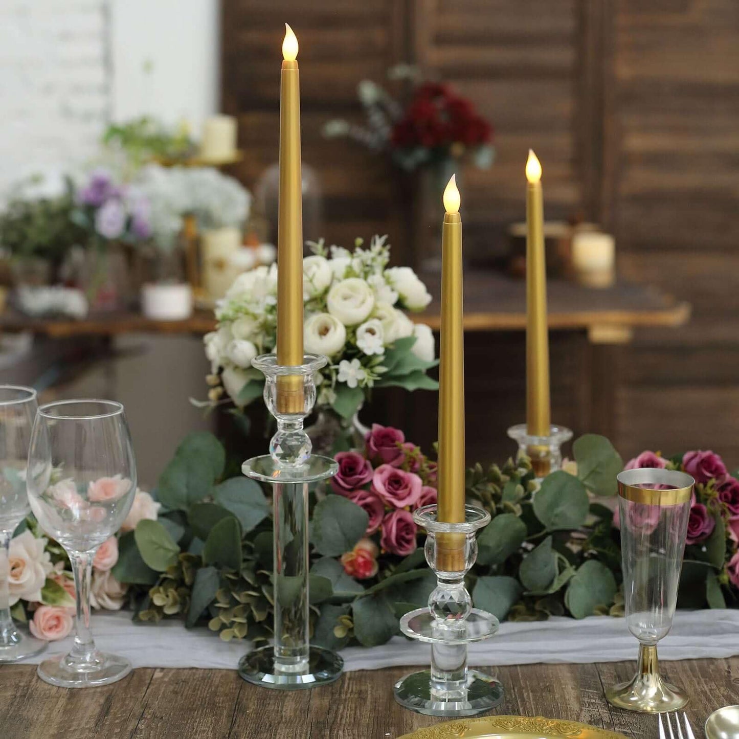 Efavormart Set of 3 | 11" Gold Flickering Flameless LED Taper Candles, Battery Operated Warm Glow Fake Candles for Wedding Centerpieces & Holiday Table Decor