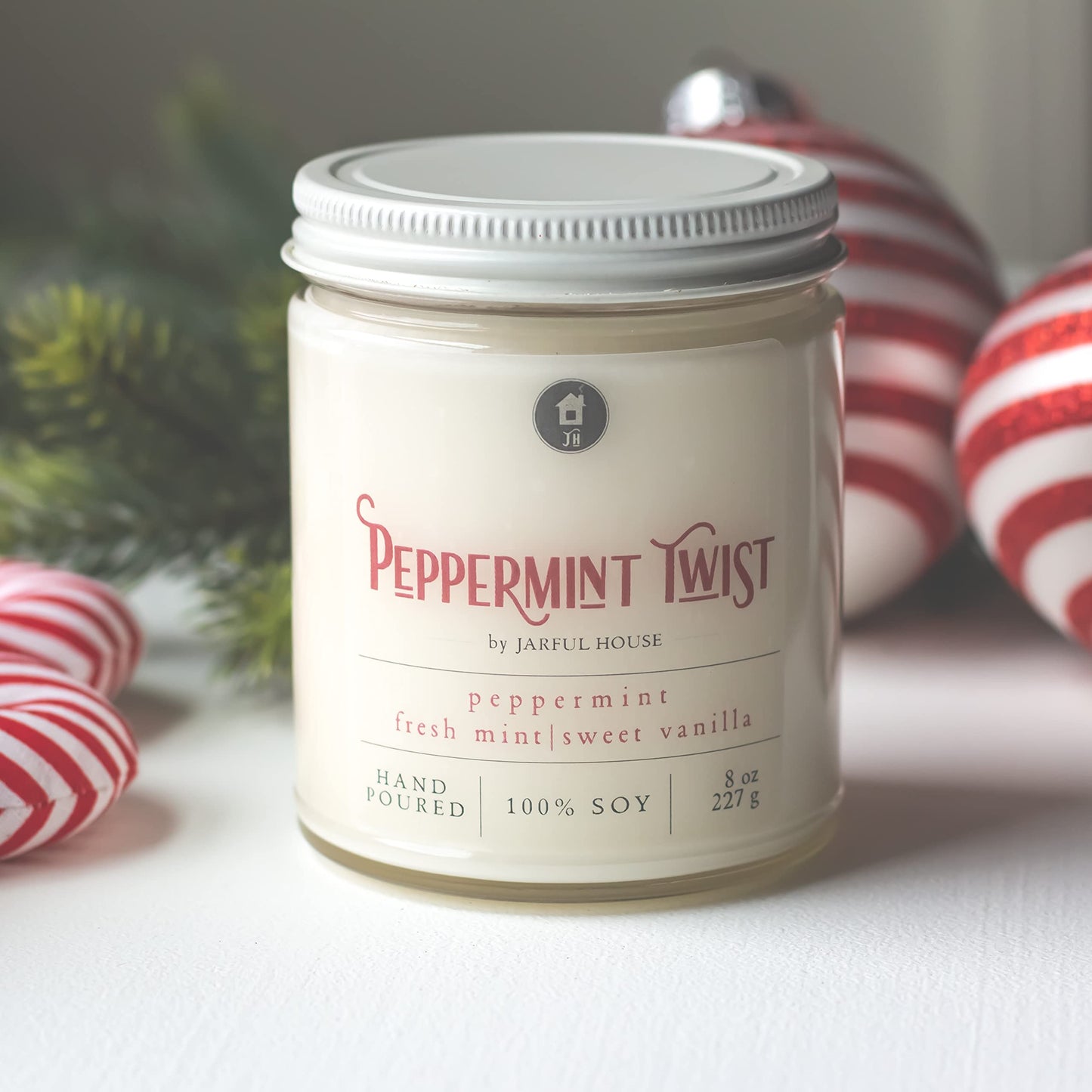 Jarful House Christmas Candle Peppermint Twist | Strong Holiday Home Fragrance | Housewarming Gift 8 oz.