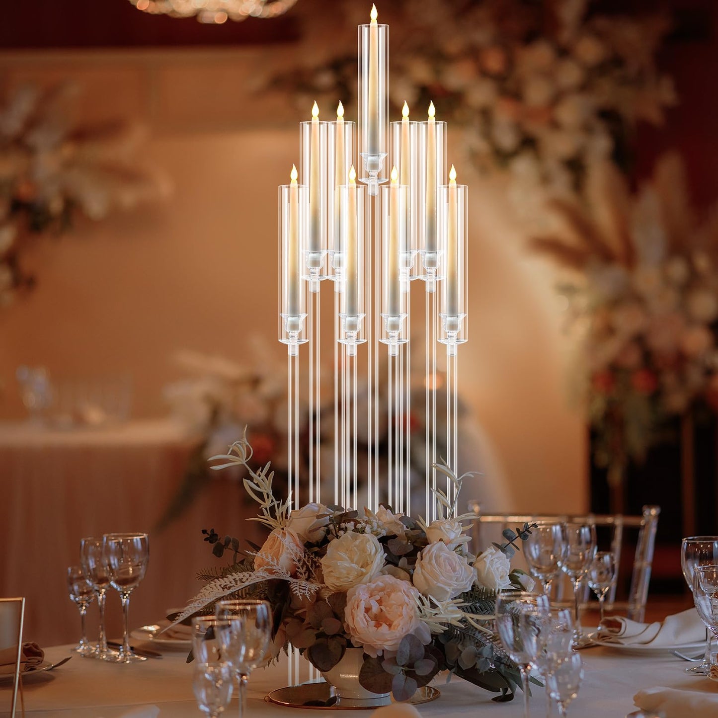 Tessco 4 Pcs 9 Arm 42.5" Acrylic Candelabra Table Centerpiece Floor Candelabras Clear Candle Holder with Removable Lampshade Wedding Candelabra Centerpiece Fit 0.8 LED