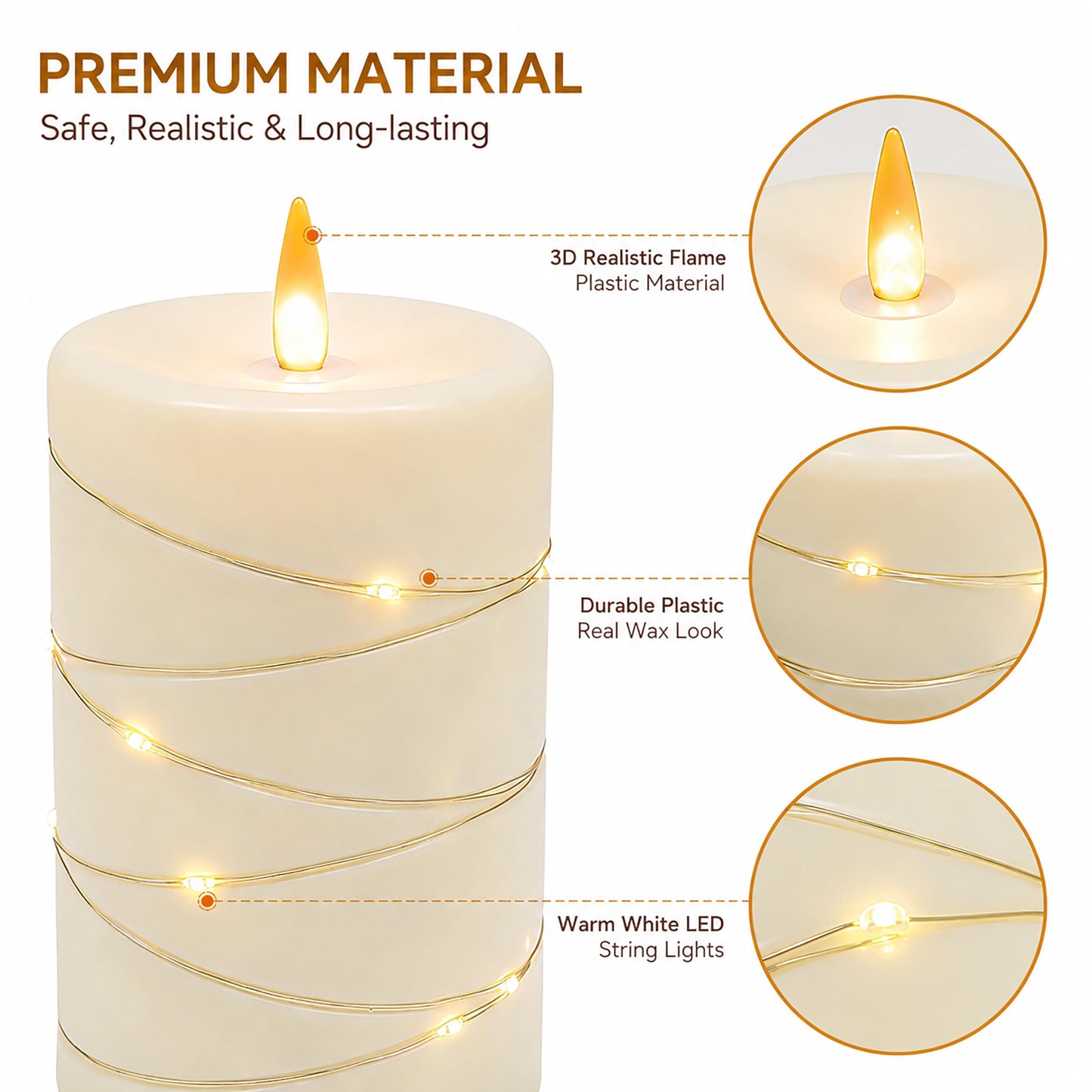 Flickering flameless candles, battery-powered, with string lights, remote control and timer functions, LED pillar candles (3-piece set) in ivory, suitable for home, party, and other decorations