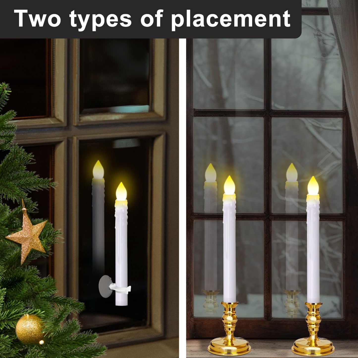 Kithouse Flameless Candles 10 Pack Battery Operated Window Candles with Drip Texture,Remote Timer,10 Removable Candle Holders,10 Suction Cups,20 AA Batteries for Home Decor Christmas Wedding(Gold)