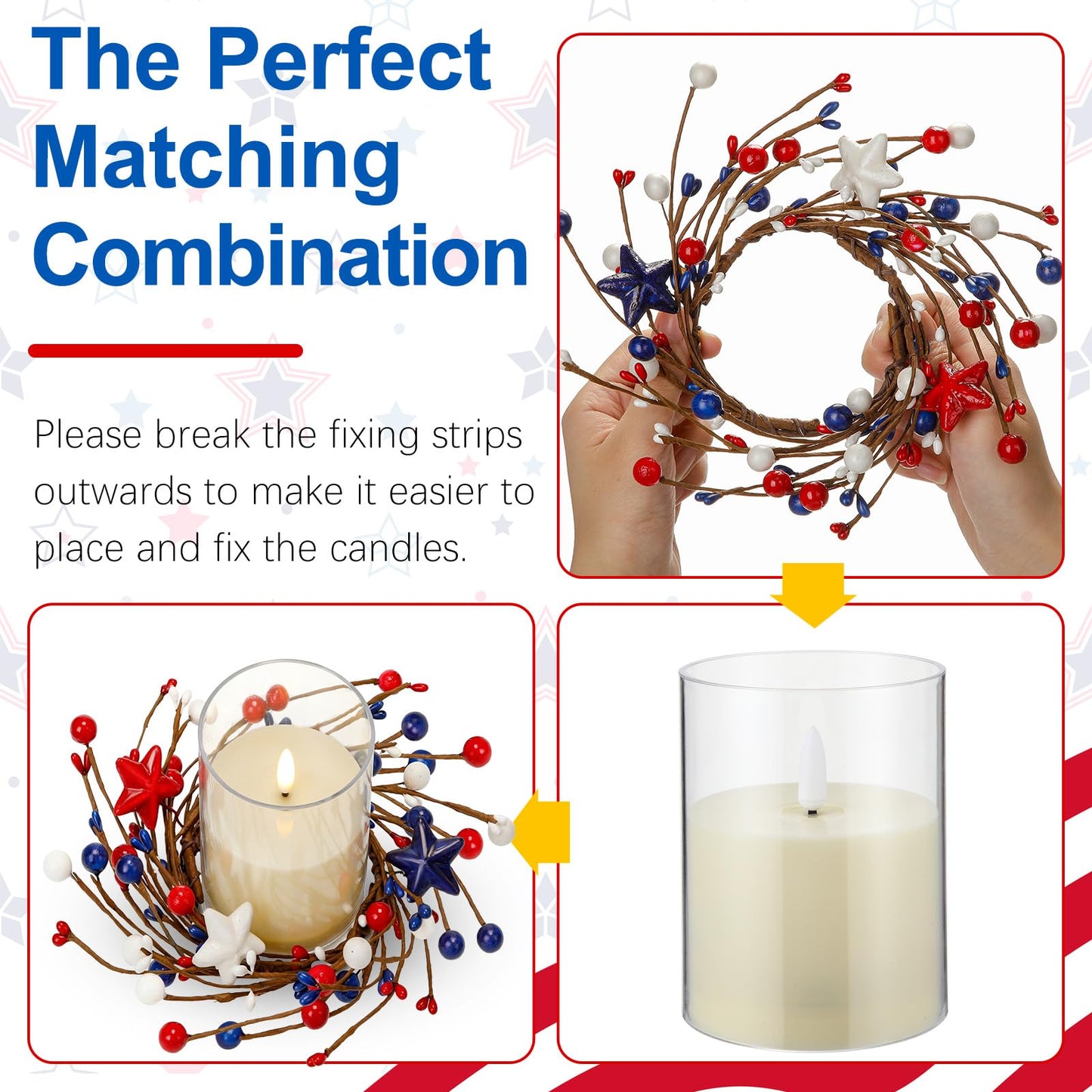 Yunlly 4 Pcs Independence Day Candle Wreaths Rings Five-Pointed Star and Berry Candle Holder Rings with LED Flameless Candles, 9.5" Wide for Wedding Windows 4th of July Table Centerpieces