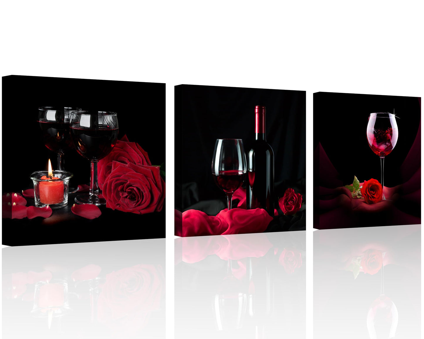 OWNANRTHM Rose Wine Picture Red Wine Rose and Candle Picture Painting Wall Art Red Wine Glass Canvas Wall Art for Living Room Bedroom Home Wall Decor Stretched and Framed 12" x 12" x 3 Pieces