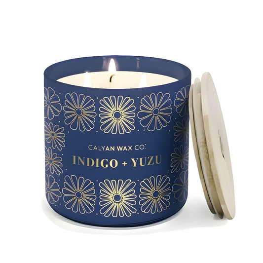 Calyan Wax Co. Indigo & Yuzu 3 Wick Scented Candle - 43 Hour Burn - Luxury 3 Wick Soy Candles - Clean Soy Wax Candles - Long Lasting Large Glass Jar Candle for Home - 14.9oz