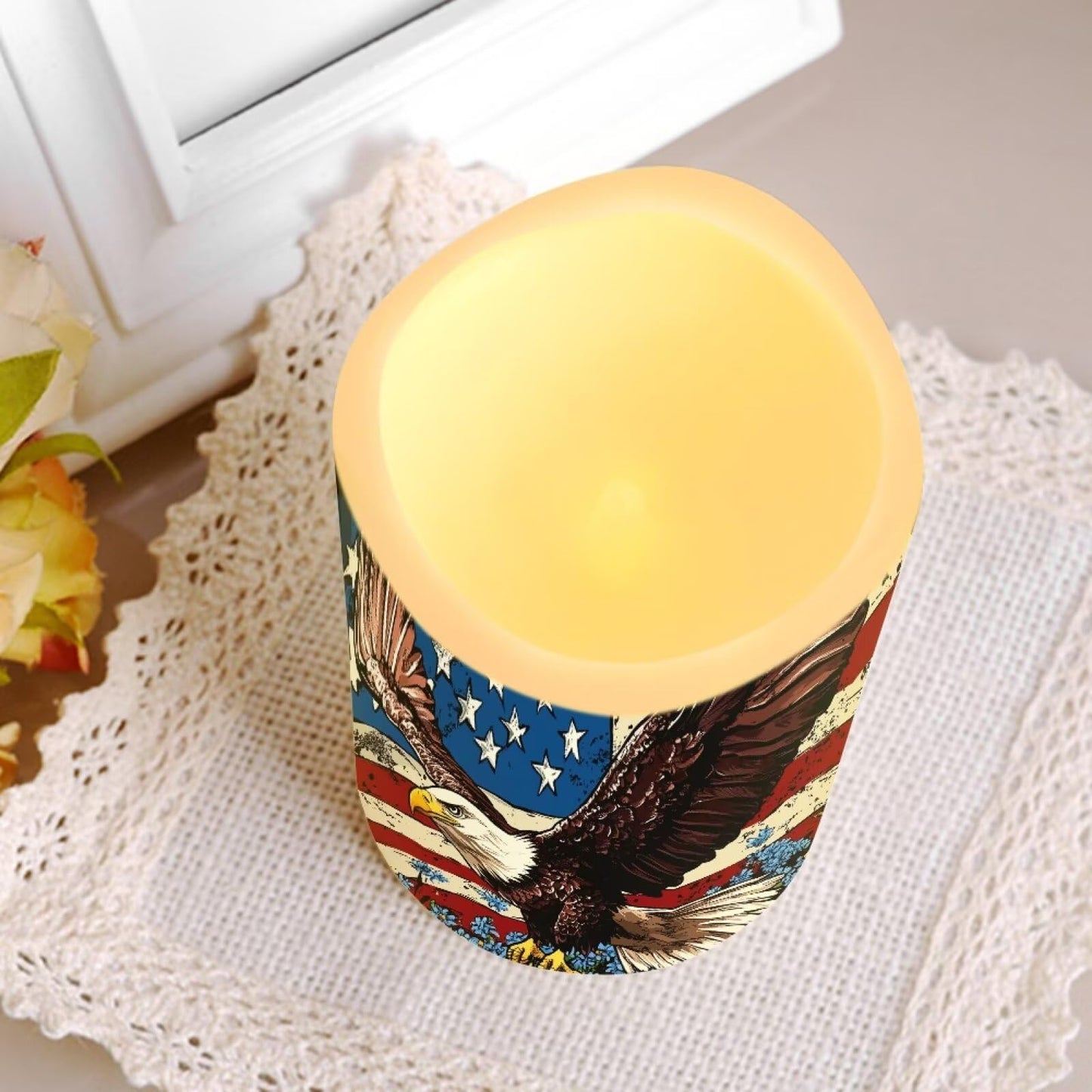 Uorisanigo USA Eagle Flag Floral Plastic Flameless Candles with Remote Control and Timer LED Flickering Battery Electric Pillar Candles for Table Patriotic Decoration
