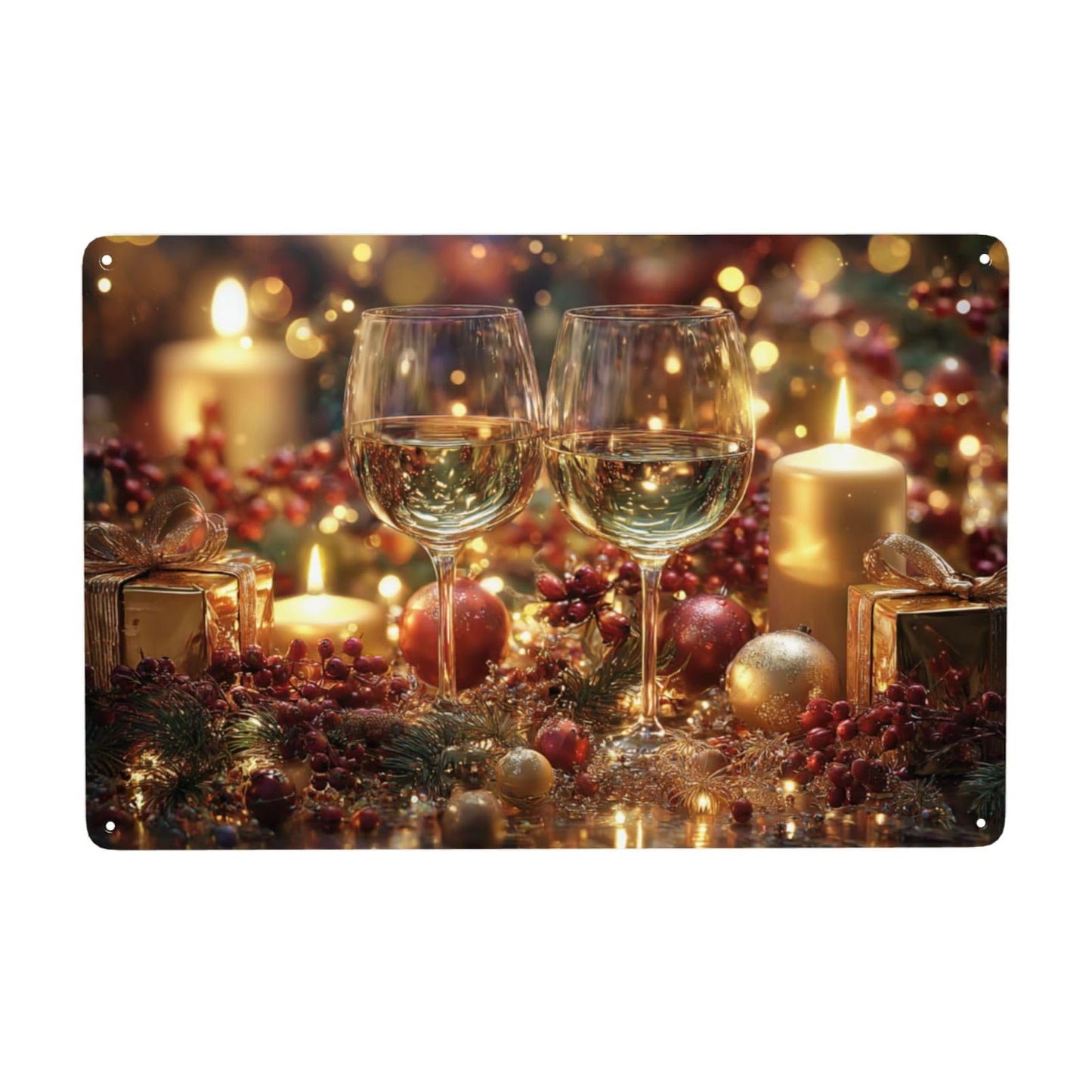 MA6GE8DE Festive Wine Glasses With Candles, Red Berries, Gold Gifts, Sparkling Bokeh,Metal Tin Plaque Sign, Ideal For Living Room And Kitchen Restaurant,Easy To Hang 6x8 Inch